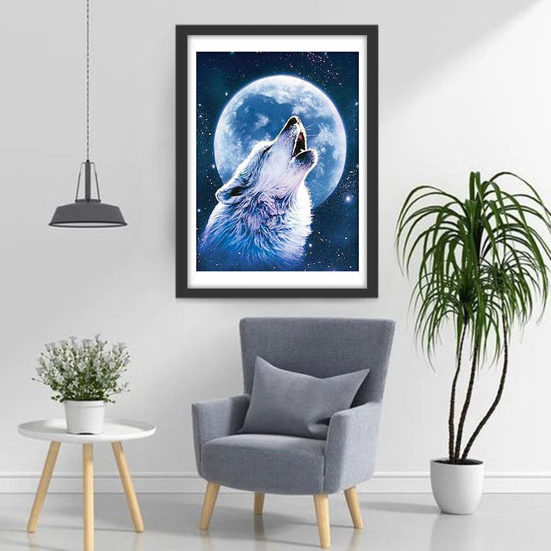 Een Wolf Huilt tegen de Enorme volle Maan in de Sterrennacht Diamond Painting
