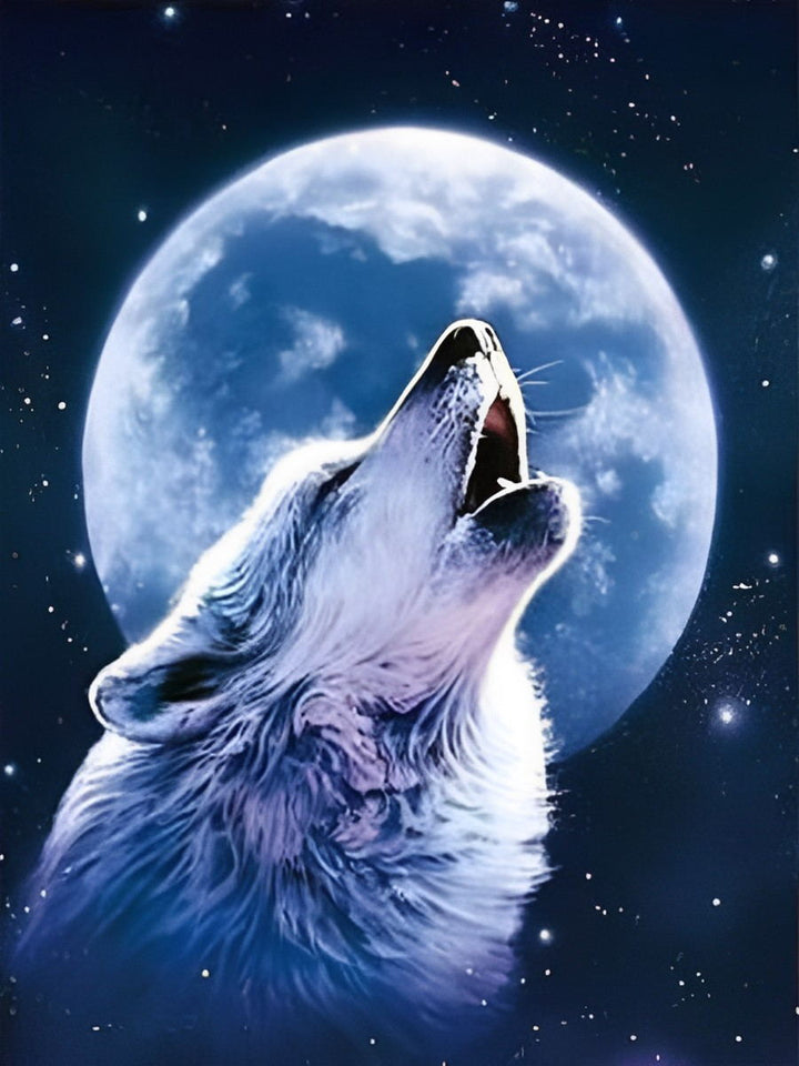 Een Wolf Huilt tegen de Enorme volle Maan in de Sterrennacht Diamond Painting