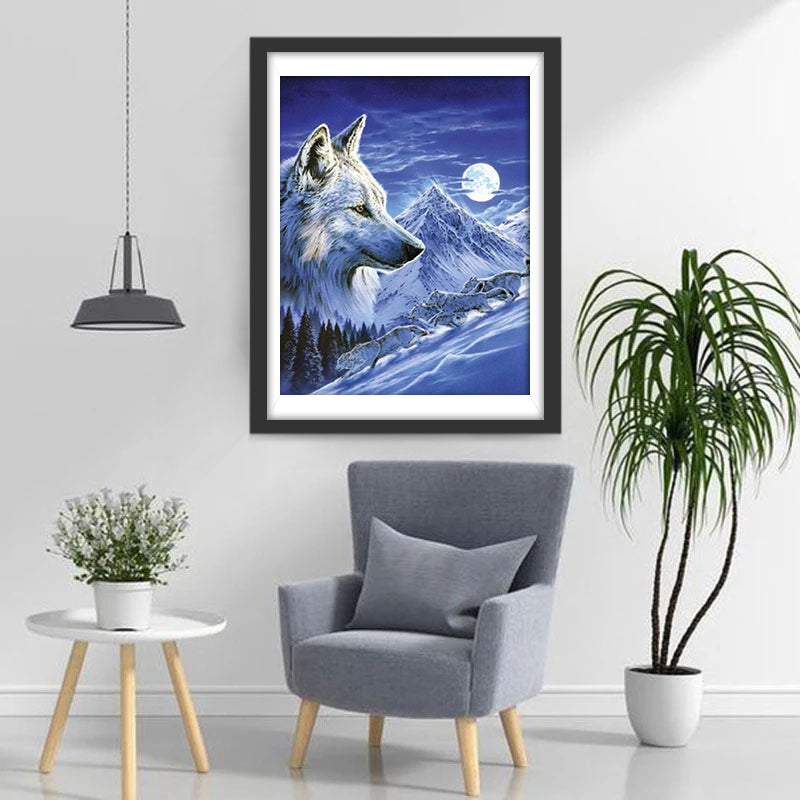 Een Wolf in het Bos en een Roedel Wolven op een Besneeuwde Berghelling Diamond Painting