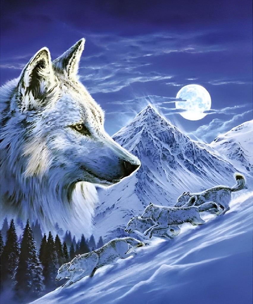 Een Wolf in het Bos en een Roedel Wolven op een Besneeuwde Berghelling Diamond Painting