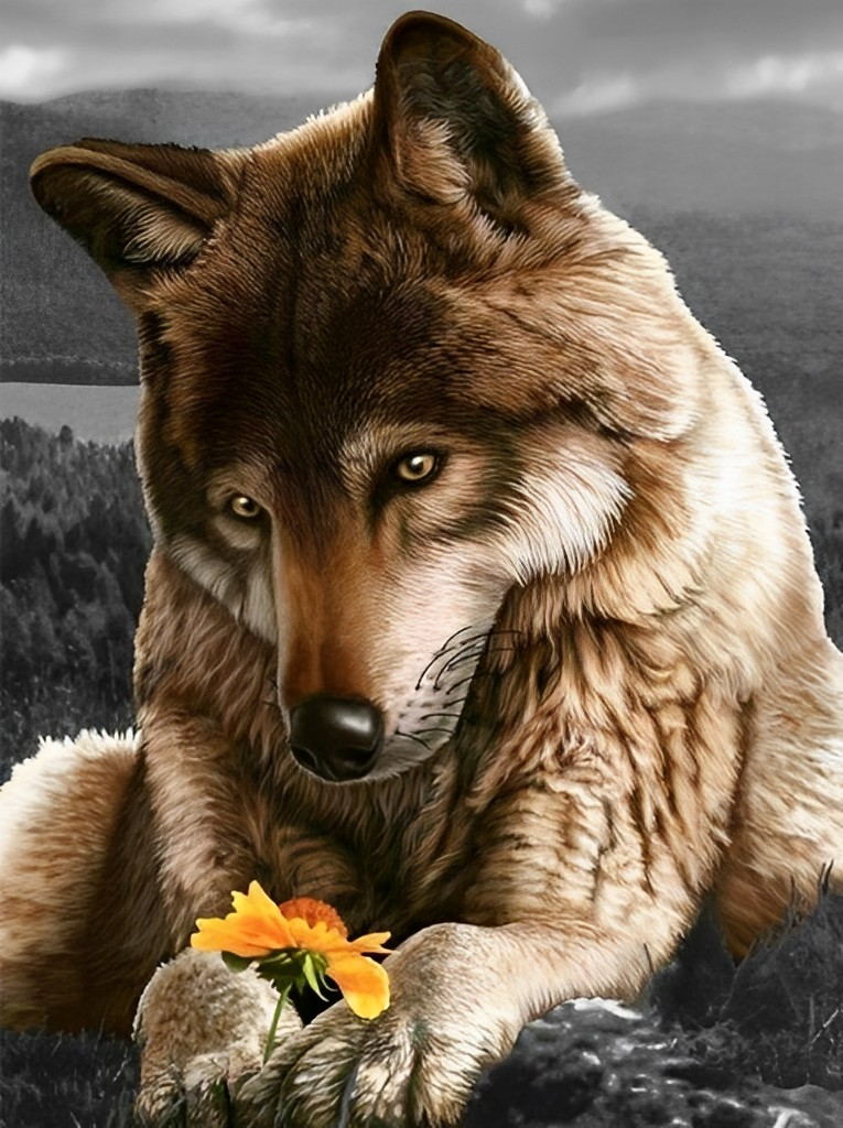 Een Wolf met een Gele Bloem in zijn Hand Diamond Painting