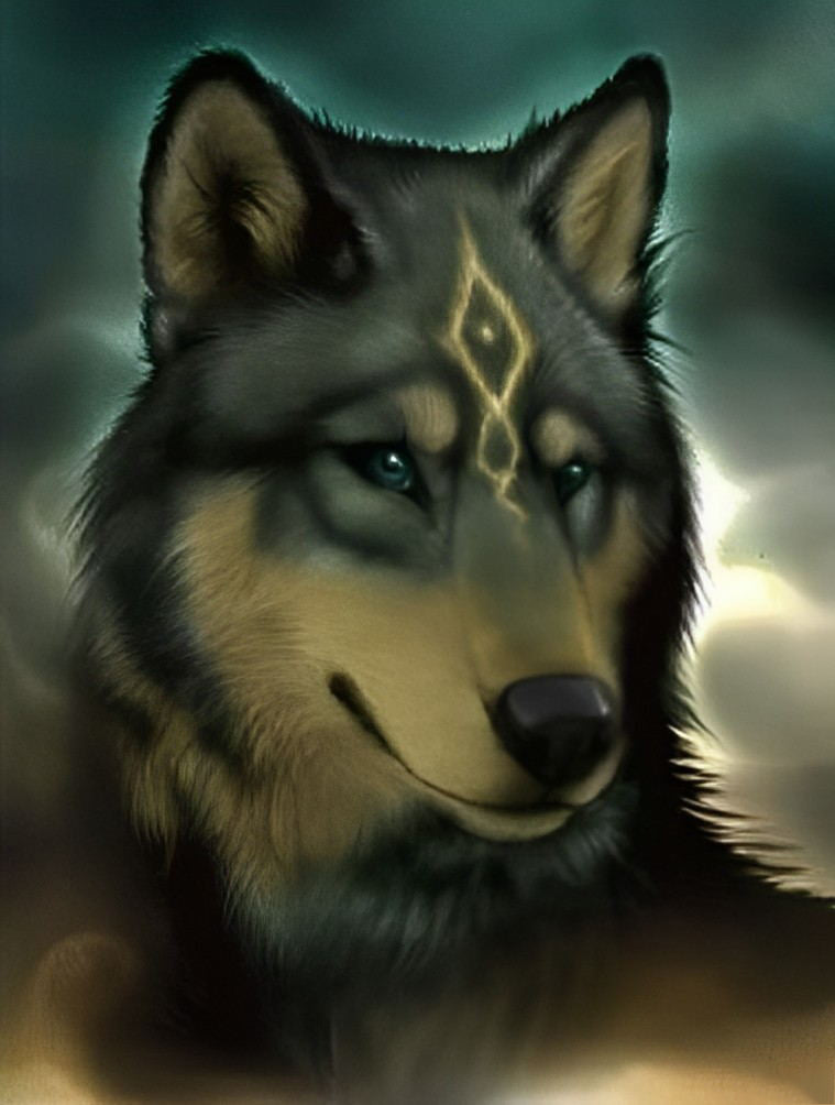 Een Wolf met een Gouden Teken Diamond Painting