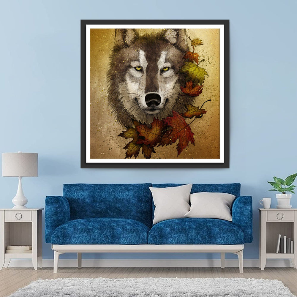Een Wolf met een Halve Cirkel van Esdoornbladeren Diamond Painting