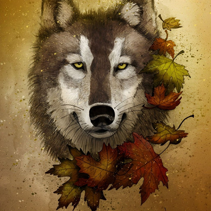 Een Wolf met een Halve Cirkel van Esdoornbladeren Diamond Painting