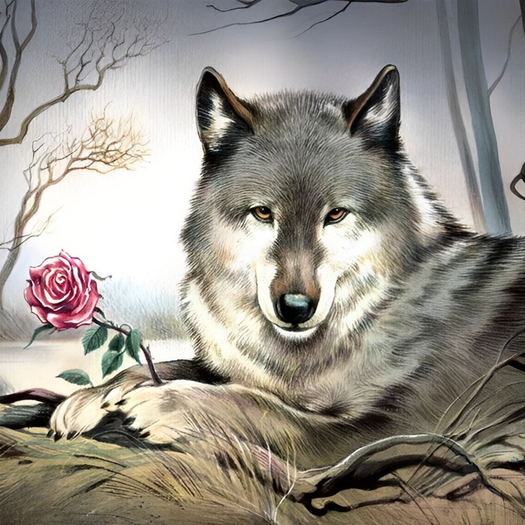 Een Wolf met een Roos Diamond Painting