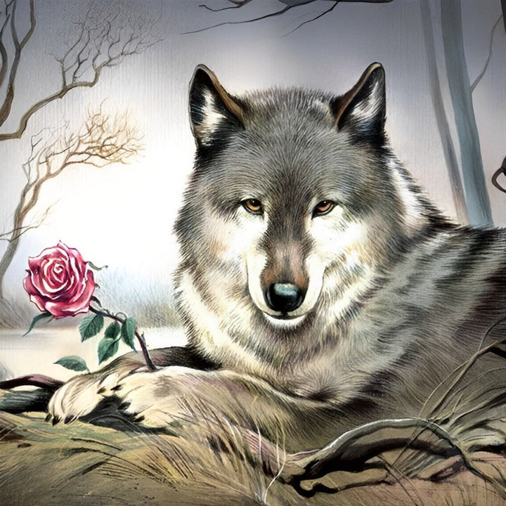 Een Wolf met een Roos Diamond Painting