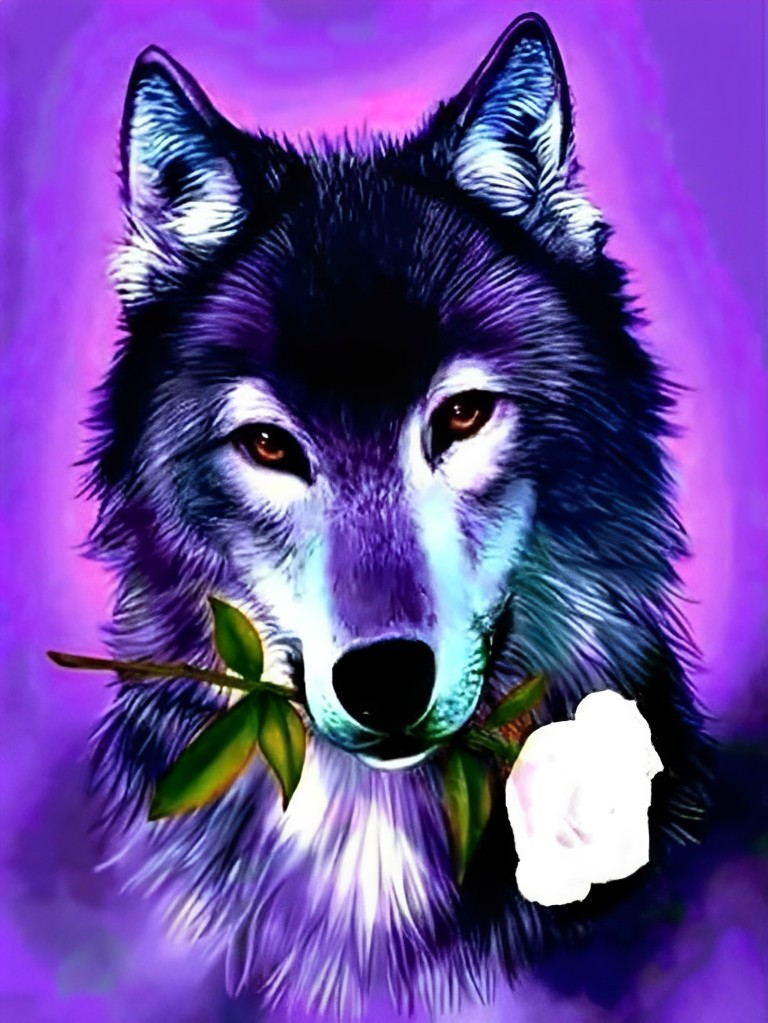 Een Wolf met een Roos in zijn Bek Diamond Painting
