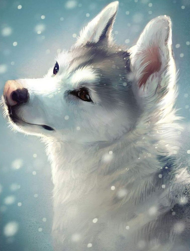 Een Wolf met zijn Kop omhoog op een Besneeuwde Dag Diamond Painting