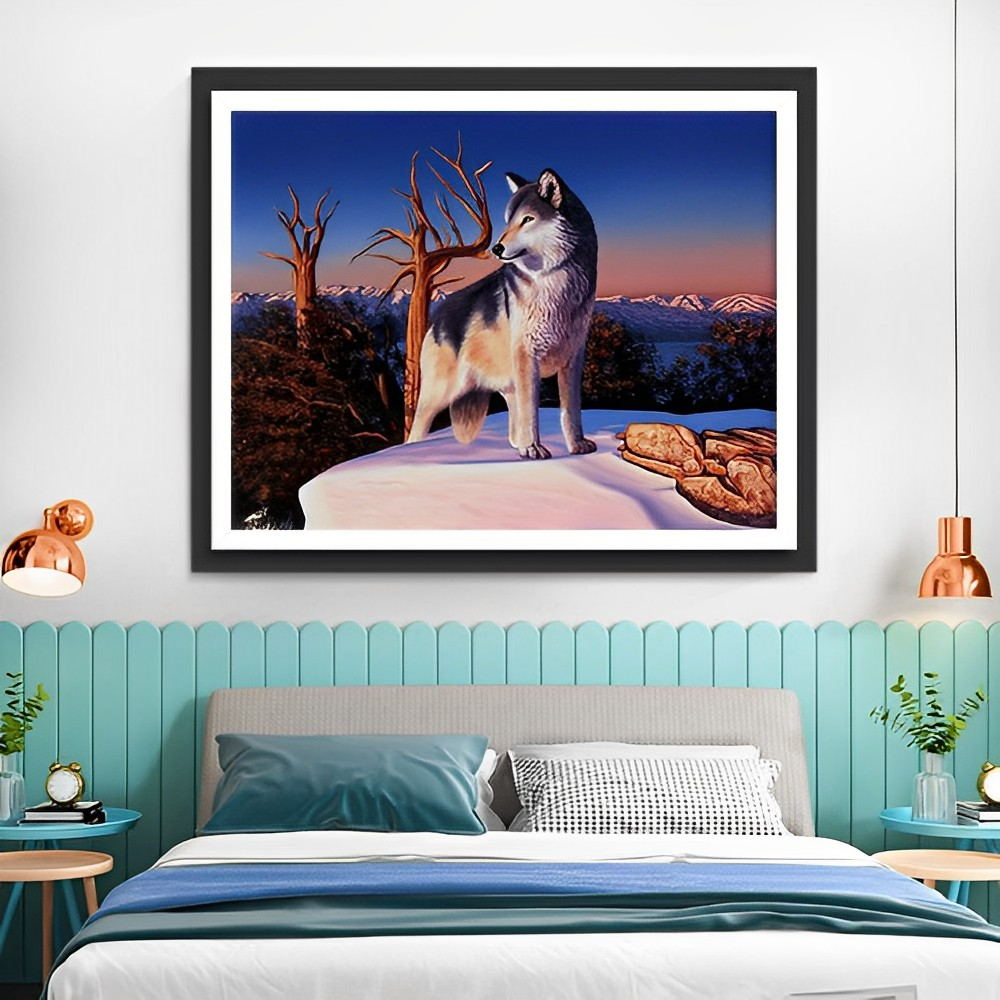 Een Wolf op een Besneeuwde Bergrots Diamond Painting