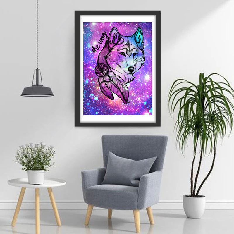 Een Wolf op een Roze Glitterachtergrond Diamond Painting