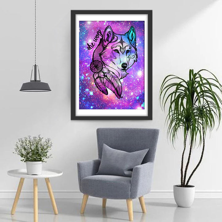 Een Wolf op een Roze Glitterachtergrond Diamond Painting