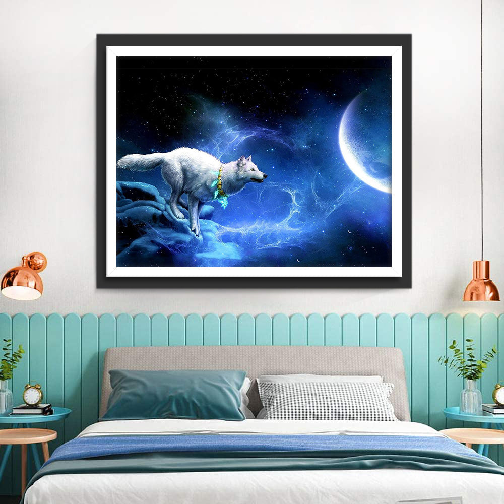 Een Wolf Springt onder de Maan Diamond Painting