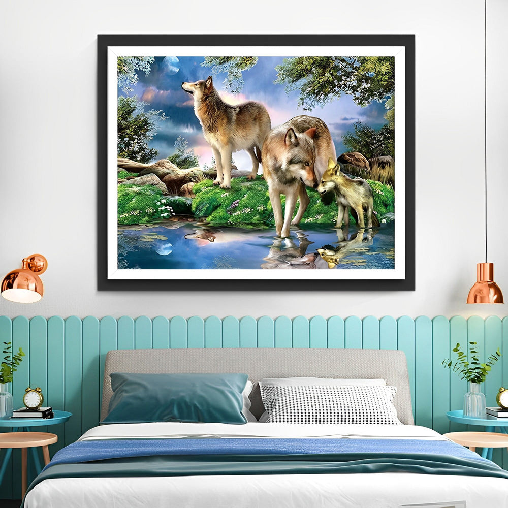 Een Wolvenfamilie bij de Beek Diamond Painting
