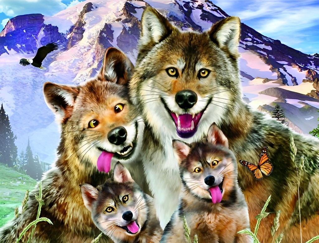 Een Wolvenfamilie Poseert voor een Foto voor een met Sneeuw Bedekte Berg Diamond Painting