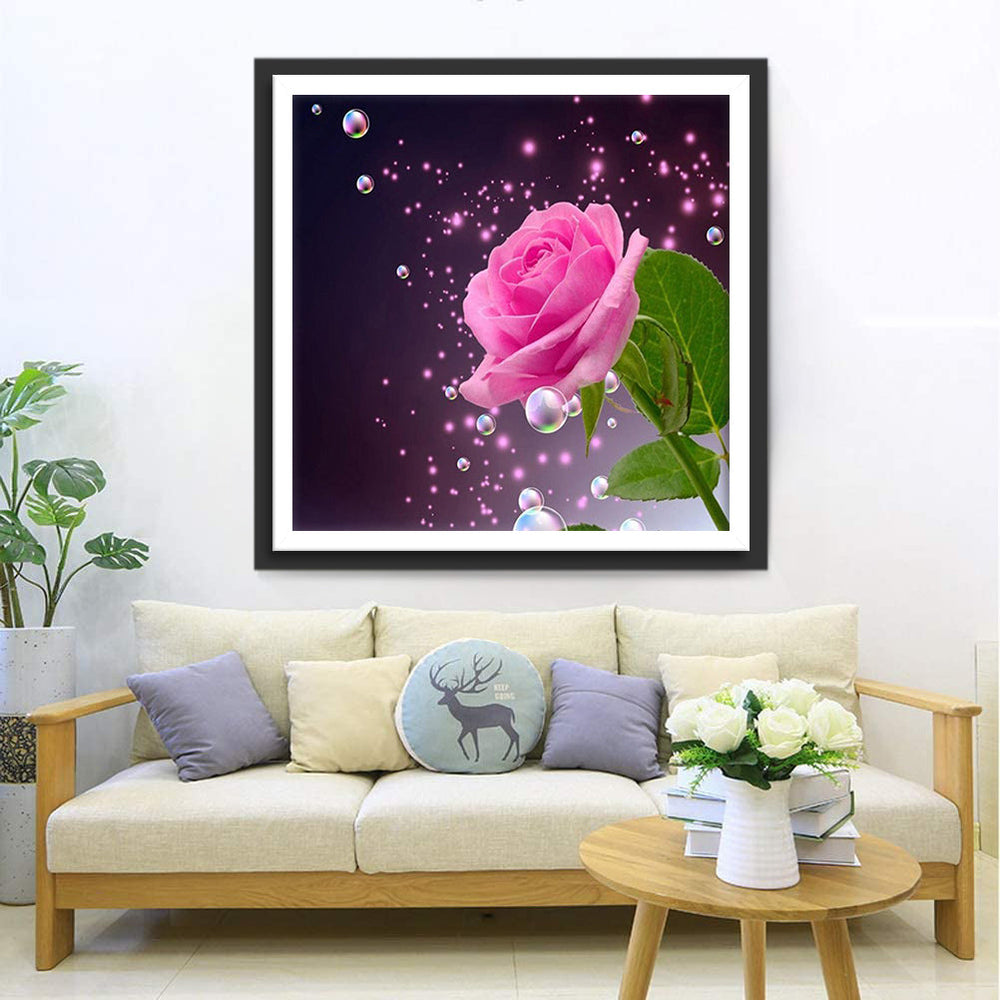 Een Zachte Roze Bloem Omringd door Glimmende Bubbels Diamond Painting