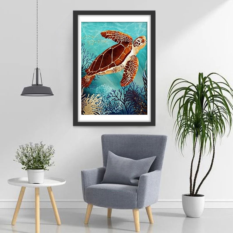 Een Zeeschildpad en Koralen in de Zee Diamond Painting