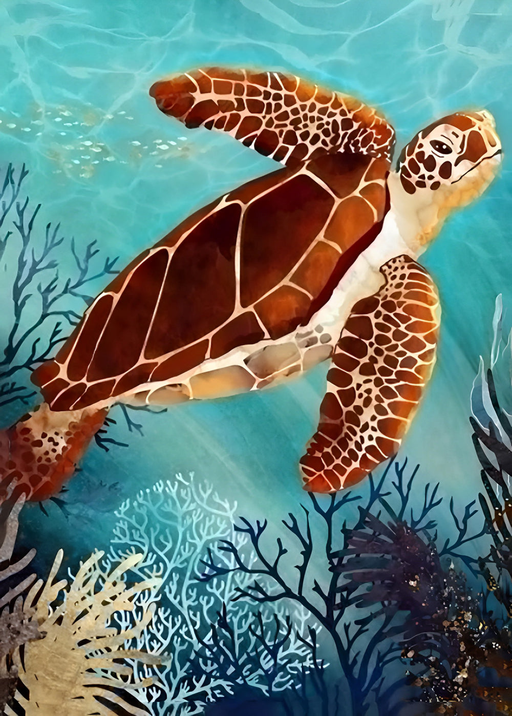 Een Zeeschildpad en Koralen in de Zee Diamond Painting