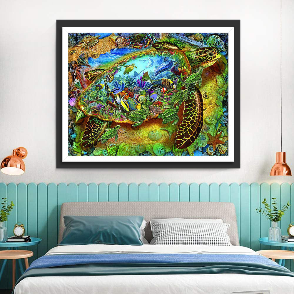 Een Zeeschildpad en Uitzicht op Zee Diamond Painting