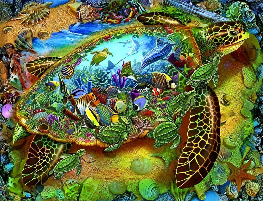 Een Zeeschildpad en Uitzicht op Zee Diamond Painting
