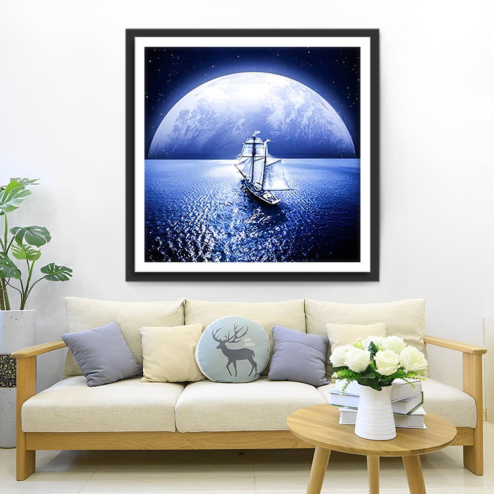 Een Zeilschip Varend onder de Reusachtige Maan Diamond Painting