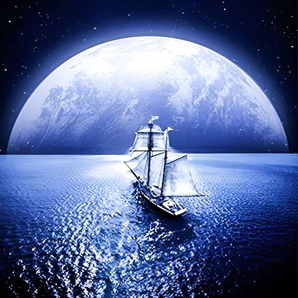 Een Zeilschip Varend onder de Reusachtige Maan Diamond Painting