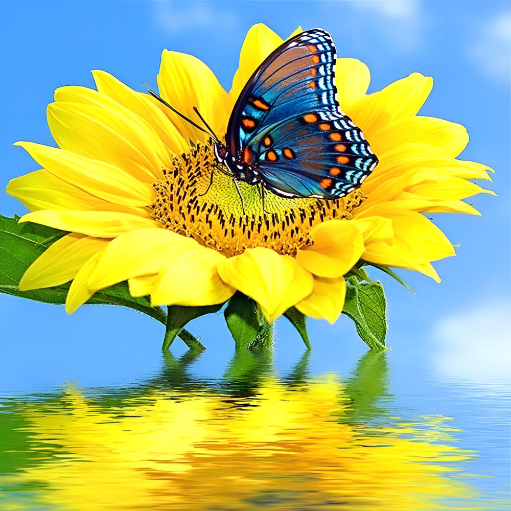 Een Zonnebloem met een Vlinder Diamond Painting