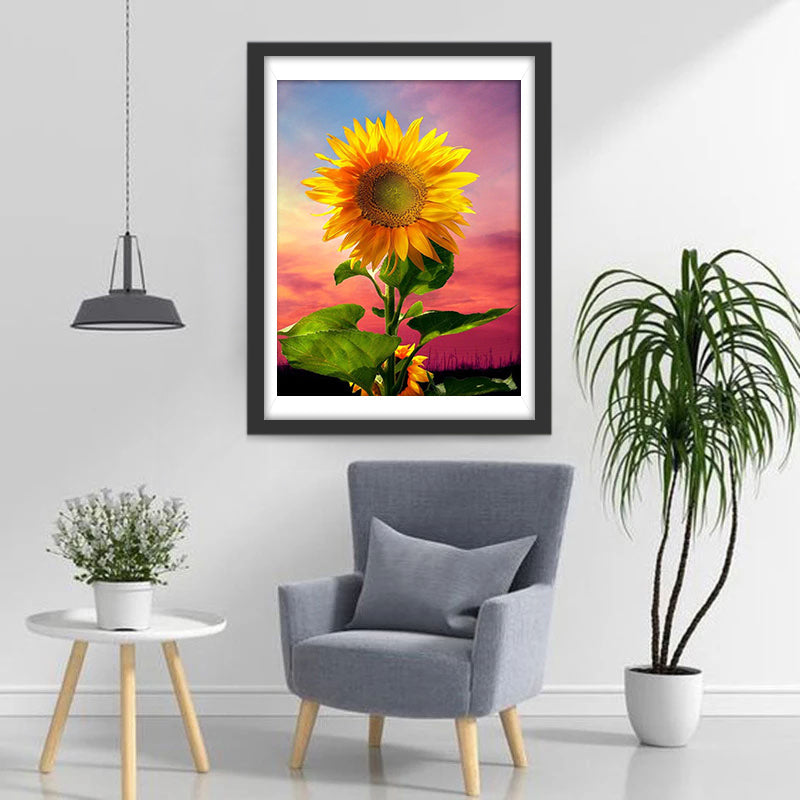 Een Zonnebloem onder een Blauw-Roze Hemel Diamond Painting
