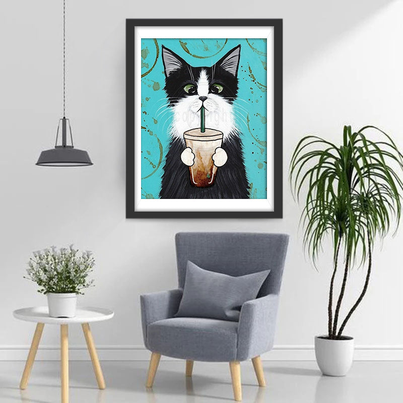 Een Zwart-Witte Kat Drinkt Koffie Diamond Painting