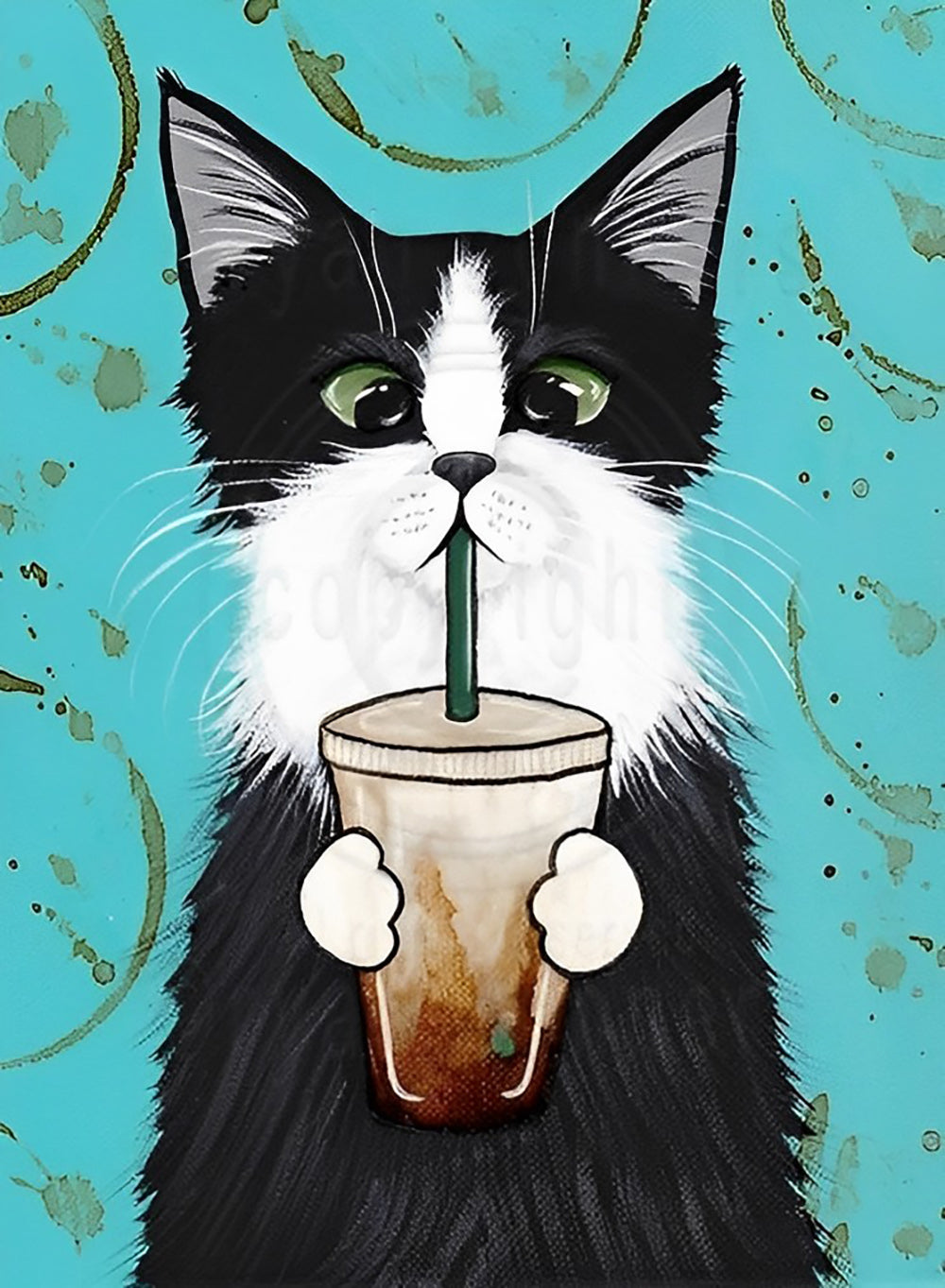 Een Zwart-Witte Kat Drinkt Koffie Diamond Painting