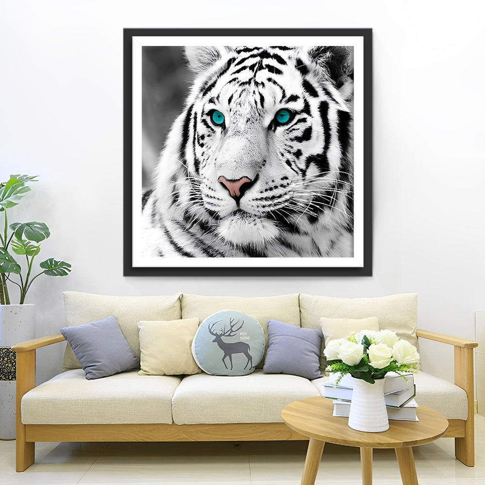 Een Zwart-Witte Tijger met Groene Ogen Diamond Painting
