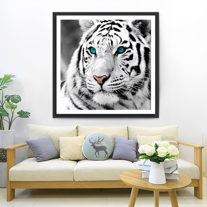 Een Zwart-Witte Tijger met Groene Ogen Diamond Painting
