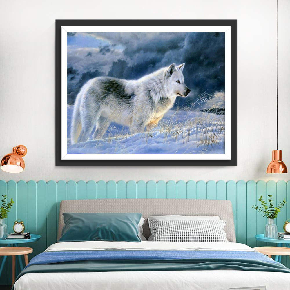 Een Zwart-Witte Wolf in de Sneeuw Diamond Painting