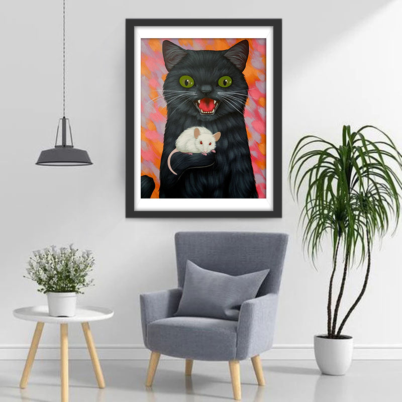 Een Zwarte Kat die een Muis Vasthoudt Diamond Painting