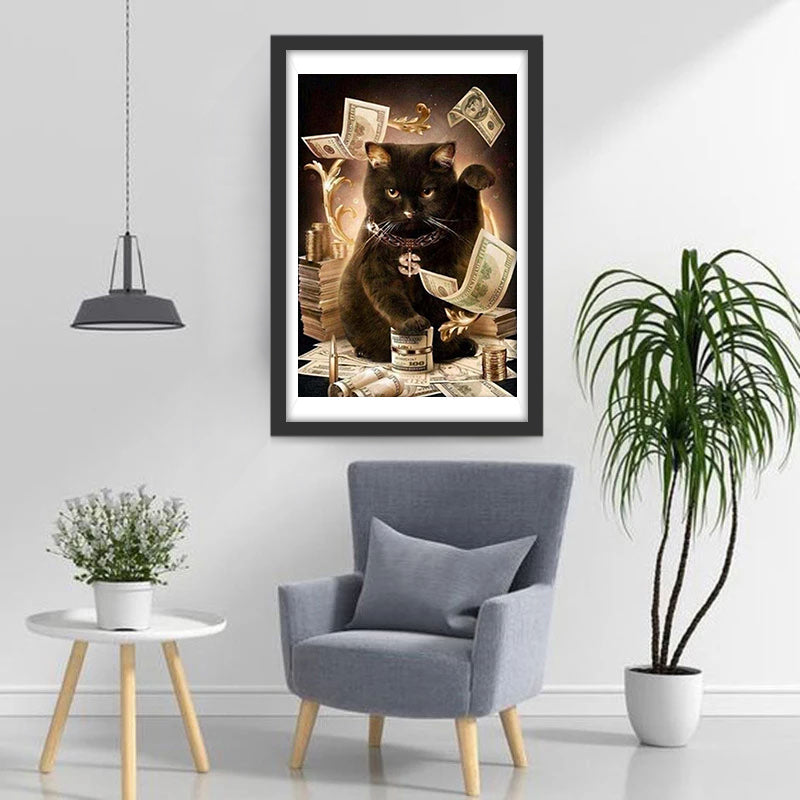 Een Zwarte Kat en een Stapel Bankbiljetten Diamond Painting