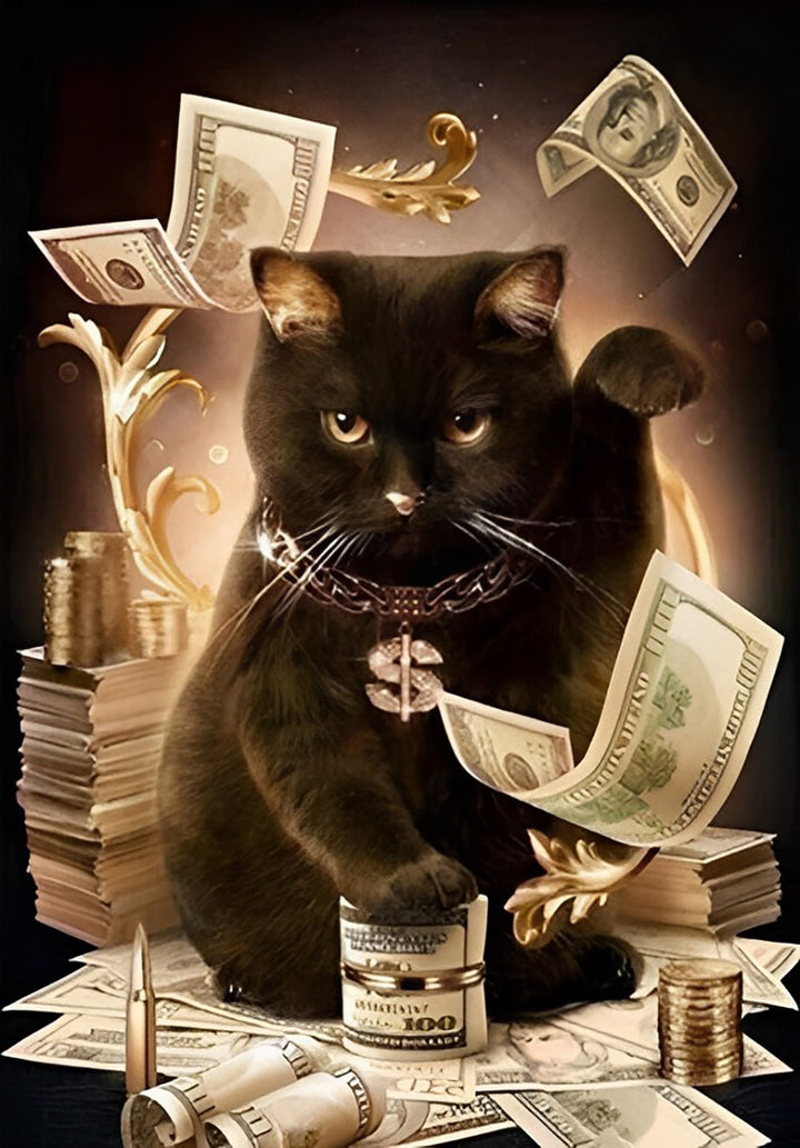 Een Zwarte Kat en een Stapel Bankbiljetten Diamond Painting