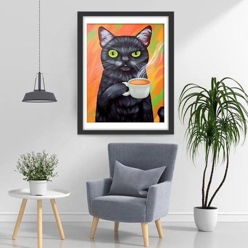 Een Zwarte Kat met een Koffie Diamond Painting