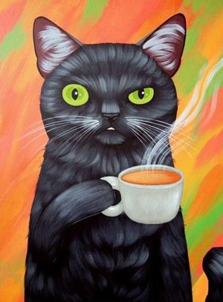 Een Zwarte Kat met een Koffie Diamond Painting