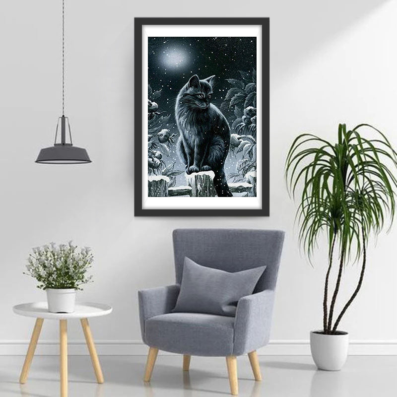 Een Zwarte Kat op een Besneeuwd Hek Diamond Painting