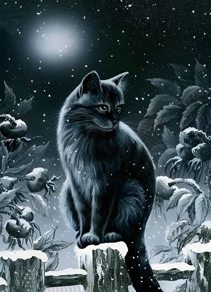 Een Zwarte Kat op een Besneeuwd Hek Diamond Painting