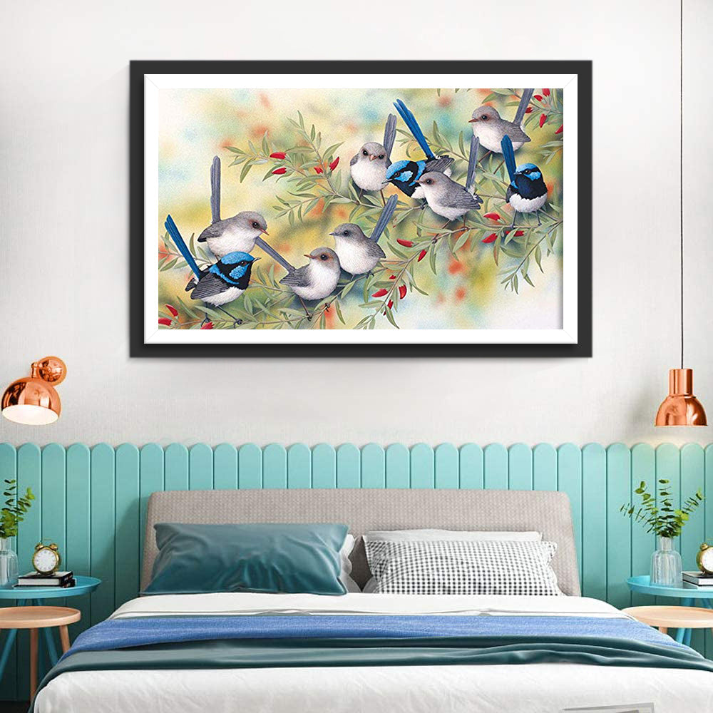 Een Zwerm Vogels op een Tak Diamond Painting