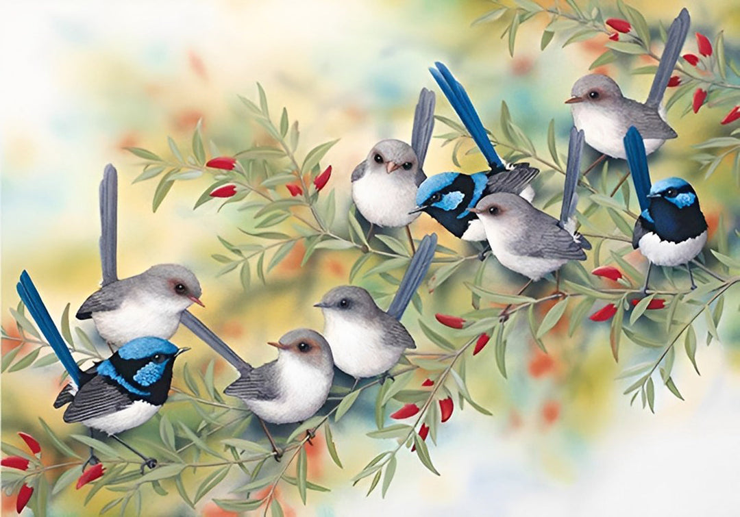 Een Zwerm Vogels op een Tak Diamond Painting
