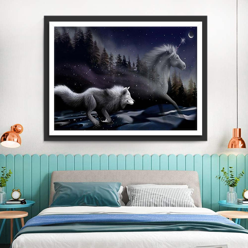 Eenhoorn en een Rennende Wolf in het Maanlicht Diamond Painting