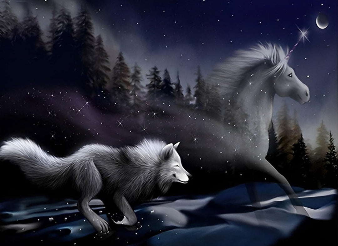 Eenhoorn en een Rennende Wolf in het Maanlicht Diamond Painting