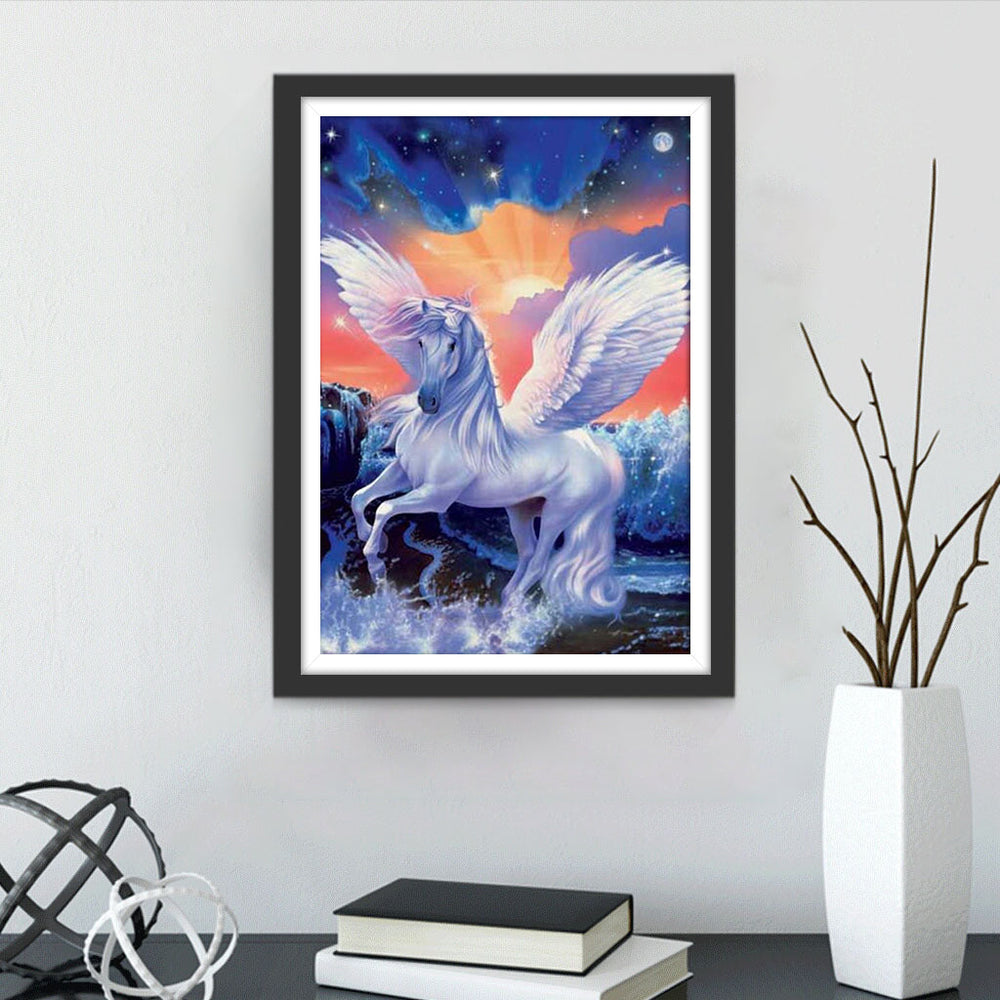 Eenhoorn in de Rivier onder een Kleurrijke Lucht Diamond Painting
