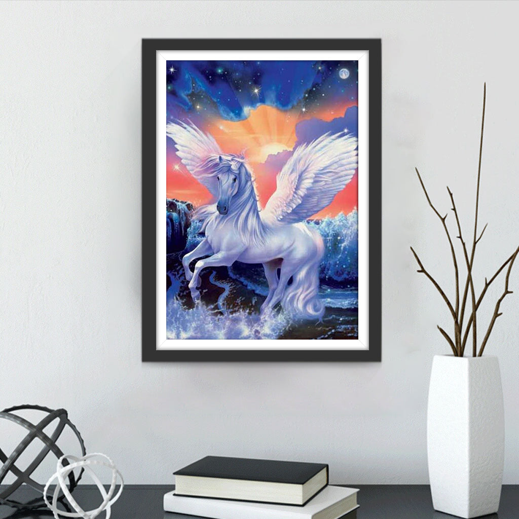 Eenhoorn in de Rivier onder een Kleurrijke Lucht Diamond Painting