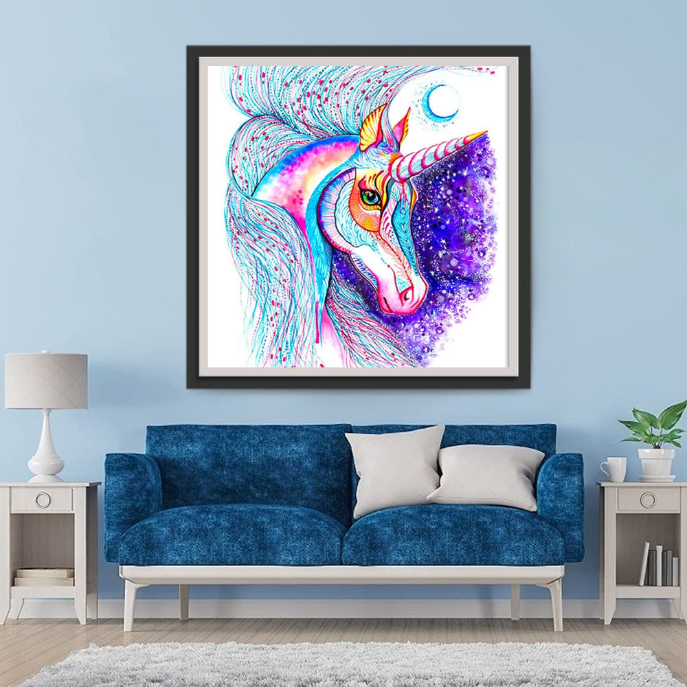 Eenhoorn met Blauwe Maan en Paarse Bloemen op de Achtergrond Diamond Painting