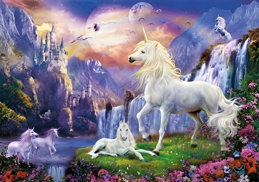 Eenhoorns bij de Waterval en in de Wei Diamond Painting