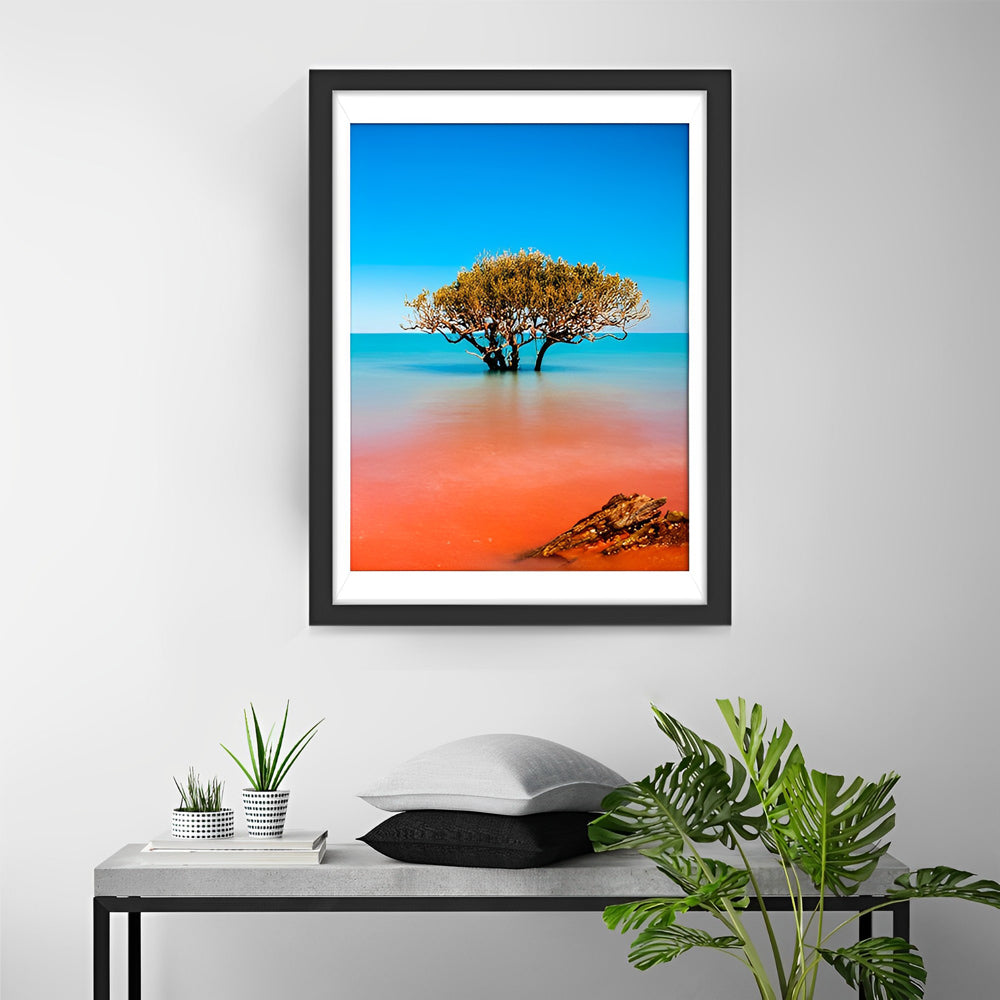 Eenzame Boom in Glimmende Roze - Oranje Vlaktewater Diamond Painting