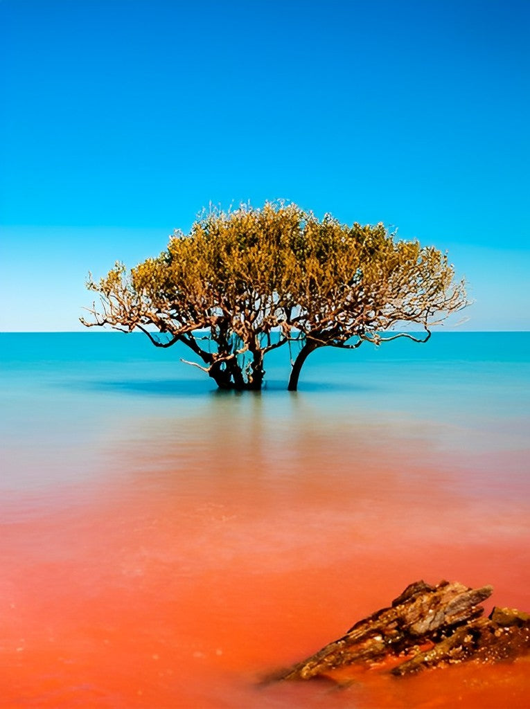 Eenzame Boom in Glimmende Roze - Oranje Vlaktewater Diamond Painting