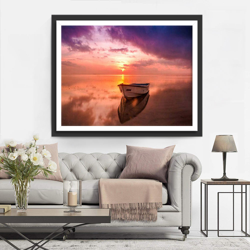 Eenzame Boot en Kleurrijke Lucht in de Spiegeling van het Water Diamond Painting